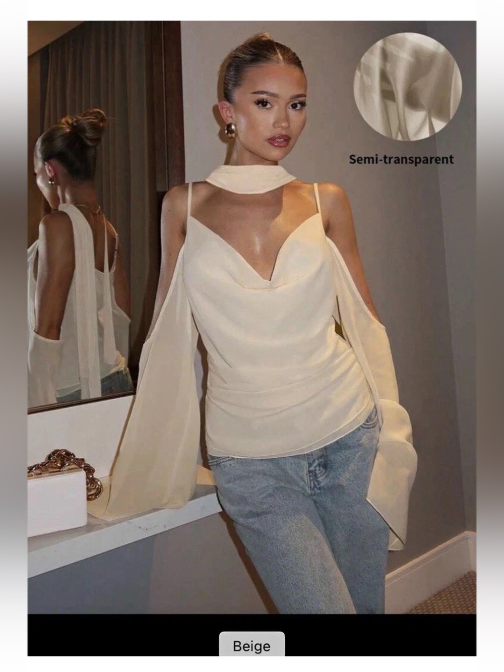 Glamine Beige Solid Semi-Transparent Cowl Neck Cold Shoulder Long Sleeve Top